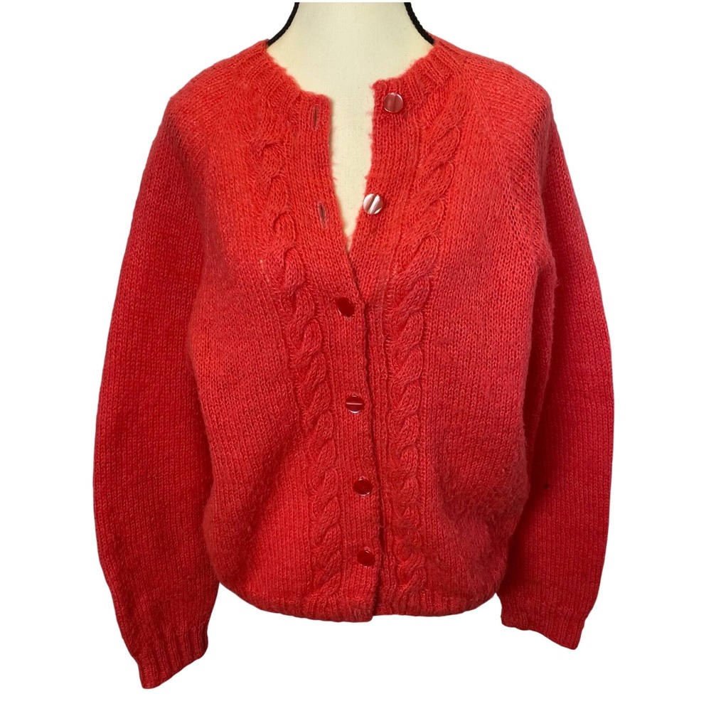 Vintage Handmade Women's Pink Cable Knit Cardigan Sweater Button Up‎ Cottagecore